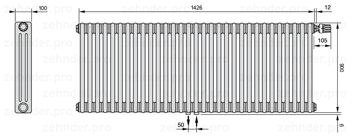 Схема (чертеж) Радиатор Zehnder Charleston 3090/31 №V008 Белый глянцевый RAL 9016